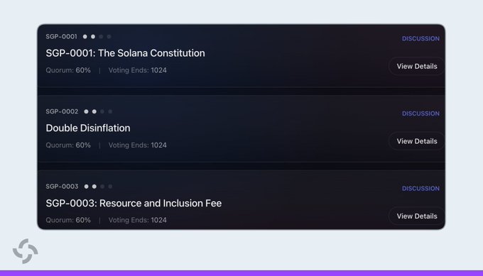 A dark-themed interface displays three Solana governance proposals—SGP-0001 ("The Solana Constitution"), SGP-0002 ("Double Disinflation"), and SGP-0003 ("Resource and Inclusion Fee")—each with a 60% quorum requirement, 1024 voting end epoch, and View Details buttons, corresponding to the three proposals mentioned in the post.