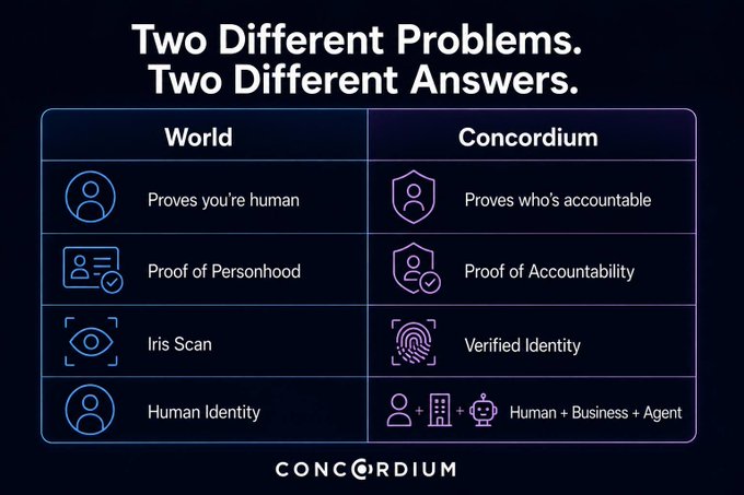 The image is a comparison chart titled "Two Different Problems. Two Different Answers." that contrasts World and Concordium's approaches to identity verification. It shows World focuses on "Proof of Personhood" through iris scans to prove human identity, while Concordium offers "Proof of Accountability" with verified identity covering "Human + Business + Agent." The chart visually reinforces the post's point that both projects address identity but serve different purposes—one proving you're human and the other proving who's accountable—suggesting both are needed for the AI agent economy.
