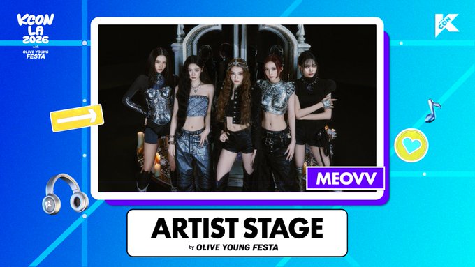 Promotional graphic for MEOVV's Artist Stage performance at KCON LA 2026 Olive Young Festa, featuring five members in edgy silver-and-black outfits, with the event scheduled for streaming on August 16, 2026 from 11:20-12:10 PDT.