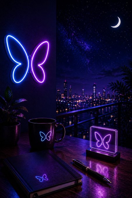 Neon butterfly-themed merchandise (wall light, mug, and lamp) displayed on a desk with a notebook, set against a starry night city skyline.