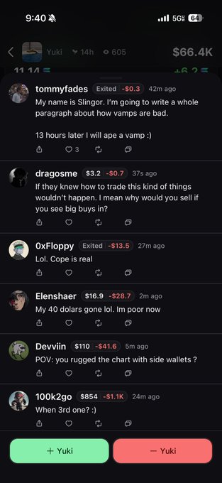A mobile screenshot of social media comments about crypto trading losses, showing users like 'tommyfades' and 'dragosme' discussing trading losses on a profile named 'Yuki'.