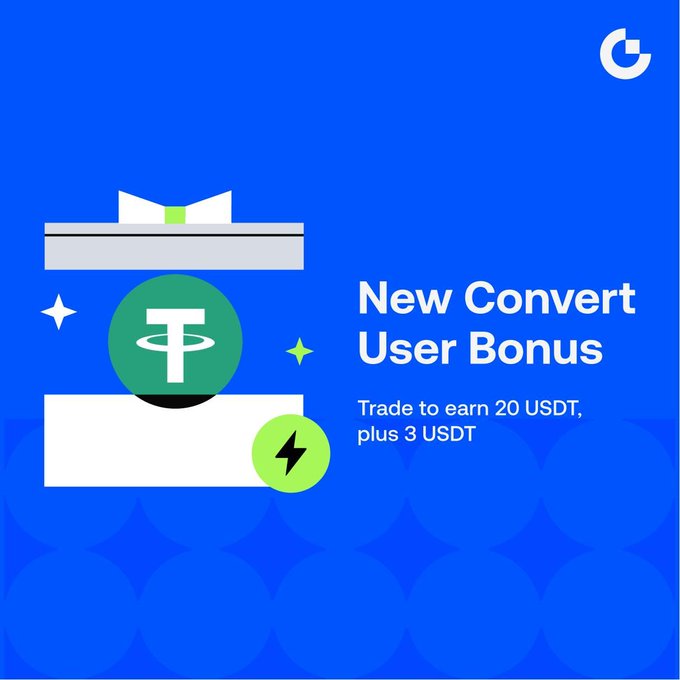 An advertisement with a blue background and a stylized 'G' logo promoting a "New Convert User Bonus" with the text "Trade to earn 20 USDT, plus 3 USDT" next to a graphic of money and a USDT coin.