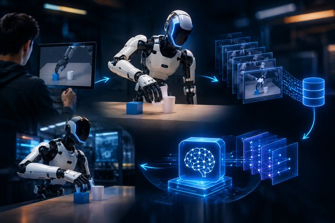 A conceptual image illustrating robotic learning and AI, showing humanoid robots interacting with objects on a table, connected to data streams and a glowing blue AI brain icon.