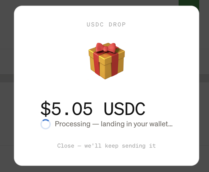 This image shows a notification for a "$5.05 USDC DROP" from MoonPay, indicating a payment is processing to the user's wallet, which the user humorously thanks MoonPay for in their post.