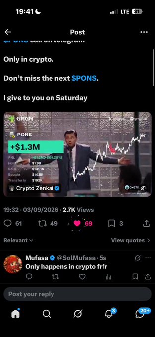 A screenshot of an X (formerly Twitter) post from Crypto Zenkai showing a dramatic graph for the $PONS token, with the text 'Only in crypto. Don't miss the next $PONS. I give to you on Saturday,' including a reply from Mufasa (@SolMufasa) reading 'Only happens in crypto frfr'.