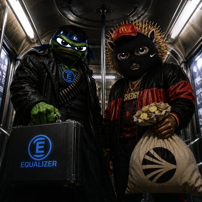 #Hedgy equalsizer is handled as intrigue snakes await. 

The photo shows two men posed as Teenage Mutant Ninja turtles. One, on the left, carries an equalizer branded briefcase while the other, in a Shady McDonald's hat, holds a bag of bribes.