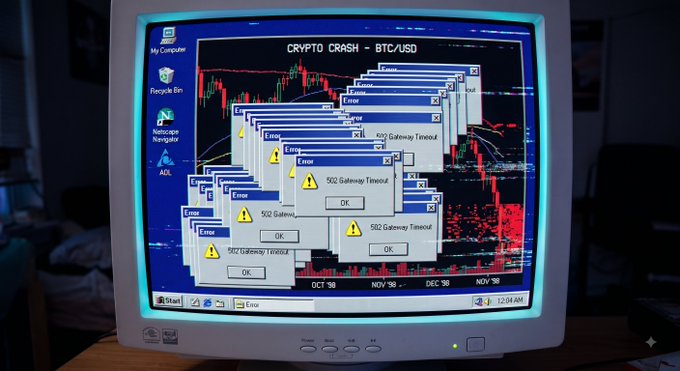 A computer monitor displays a cascading series of "502 Gateway Timeout" and "Error" dialog boxes over a "CRYPTO CRASH - BTC/USD" chart, humorously visualizing the post's joke about retail traders experiencing transaction delays that leave them perpetually trailing behind large crypto whales when trying to buy meme coins like $LAG on Solana.