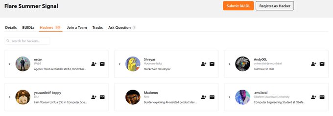 A screenshot of the 'Flare Summer Signal' website showing a 'Hackers' list, with 'Register as Hacker' and 'Submit BUIDL' buttons at the top.