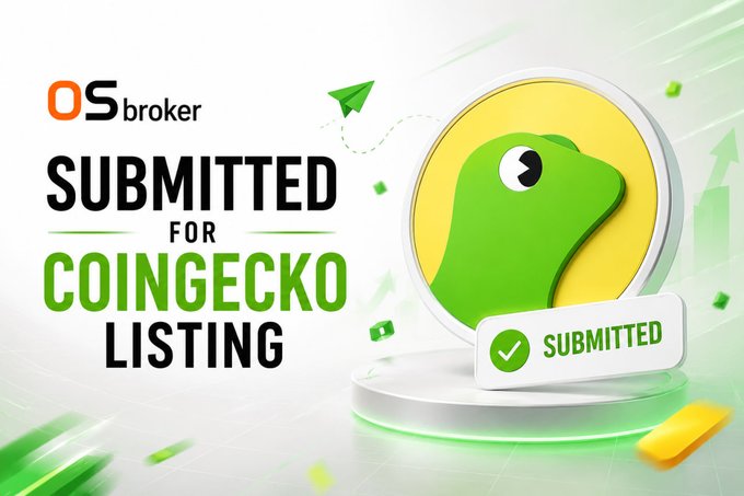 A promotional graphic for 'OSbroker' announcing it has been 'Submitted for CoinGecko Listing,' featuring a green chameleon character and a green checkmark.