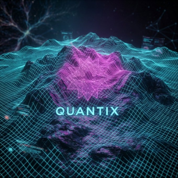 The image features a futuristic wireframe topographic landscape in cyan with a glowing magenta wave pattern at its center, overlaid with the text "QUANTIX." The accompanying post about promoting audits, hardware wallets, and security tools aligns with the image's tech-forward, cybersecurity aesthetic, suggesting QUANTIX as a brand that visualizes institutional-grade crypto security and analytics on Solana.