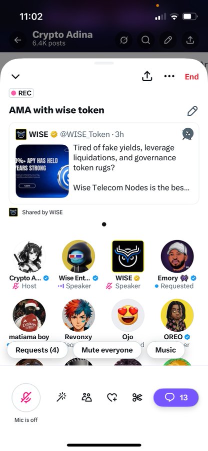 A Twitter Spaces recording titled "AMA with wise token" hosted by Crypto Adina features WISE Token (@WISE_Token) promoting "Wise Telecom Nodes," with 13 listeners and speakers including Wise Ent., WISE, matama boy, Revonxy, Ojo, and OREO participating. The space appears to be a promotional AMA encouraging attendees to share their USDT (ERC20) wallet addresses with proof screenshots, likely tied to a reward or airdrop from WISE Token.