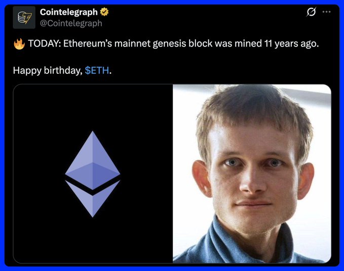 A Cointelegraph tweet celebrating Ethereum's 11th anniversary, featuring the Ethereum (ETH) logo alongside a photo of Vitalik Buterin, Ethereum's co-founder. The post marks the milestone of Ethereum's mainnet genesis block being mined 11 years ago with the message "Happy birthday, $ETH."