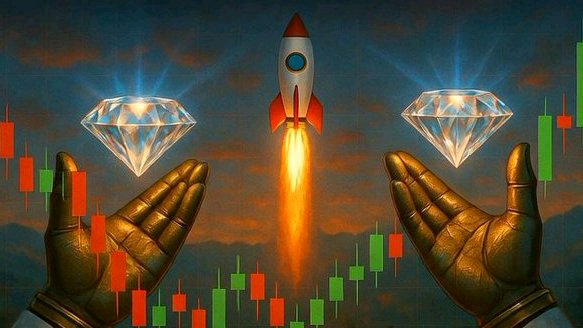 Artistic illustration featuring golden robot hands holding diamonds flanking a launching rocket, with red and green candlestick chart elements in the background.