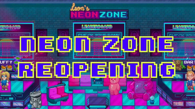 A vibrant pixel-art arcade scene advertising 'Leon's Neon Zone Reopening' with neon-colored text overlaid on a retro gaming interior featuring claw machines, arcade cabinets, and character sprites.