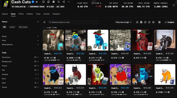 A screenshot of the Cash Cats NFT collection on OpenSea displays 9,905 items with a floor price of 0.26 ETH (-7.3%), featuring various cat memes priced between 0.2648 ETH and 0.278 ETH. The image satirizes how crypto markets have become nostalgic for 2021-era NFT culture by trading meme cartoon cats for hundreds of dollars, mirroring the speculative dynamics the post mocks.