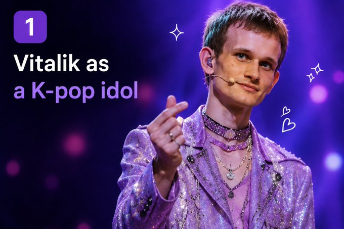 A graphic titled '1 Vitalik as a K-pop idol' showing Vitalik Buterin wearing a sparkly purple jacket and necklaces against a purple bokeh background.