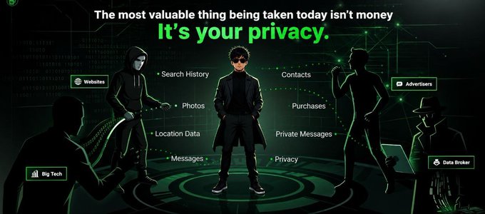 An infographic with the text 'The most valuable thing being taken today isn't money. It's your privacy,' depicting a central figure surrounded by shadowy entities labeled 'Websites,' 'Big Tech,' 'Advertisers,' and 'Data Broker' extracting personal data like search history, contacts, and photos.