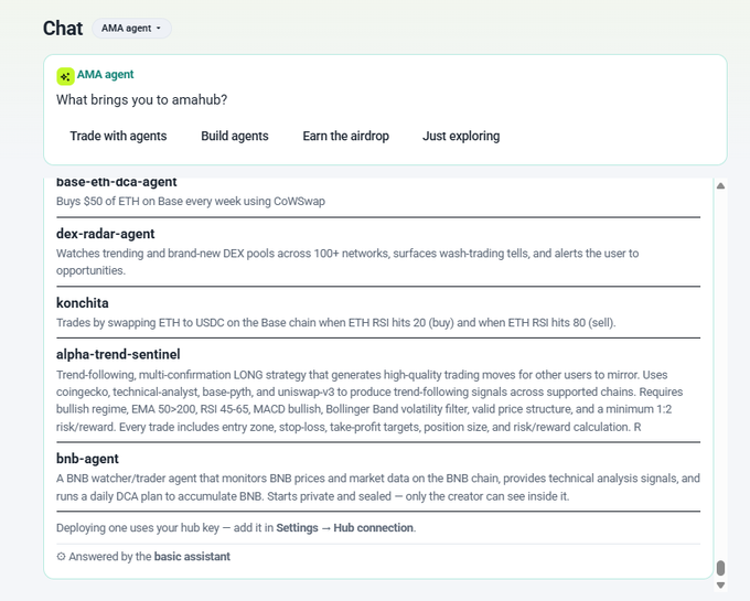 A chat interface for an "AMA agent" on amahub asks "What brings you to amahub?" with options like "Trade with agents" and a list of various crypto trading agents displayed below.