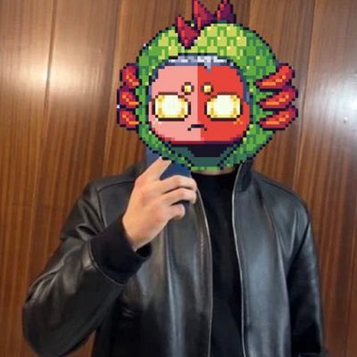 A person wearing a black leather jacket obscures their face with a pixelated red and green alien-like avatar, with no visible text or numbers in the image. The avatar's meme-like aesthetic complements the post's satirical jab at avoiding the Ledger crypto wallet exploit by humorously claiming their net worth is stored in Telegram bots instead.