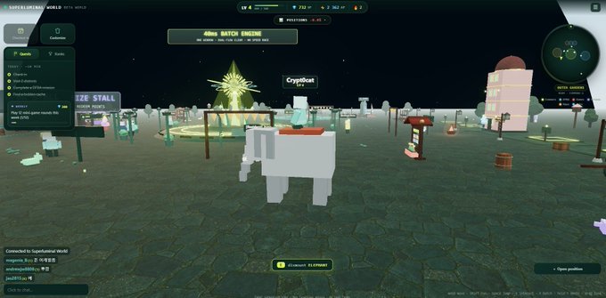 A screenshot from the SuperVerse "SuperWorld" blockchain game showing a 3D voxel environment with a llama, a "CryptoBeast," various stalls, and a chat/UI overlay.