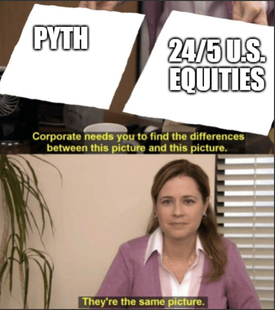 The Office meme featuring Pam comparing 'PYTH' and '24/5 U.S. EQUITIES' cards, with the caption 'They're the same picture' highlighting the similar trading hours.