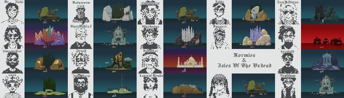 A pixel art collage featuring small island landscapes alongside black-and-white portraits of characters labeled with names like 'Sulla,' 'Madwoman,' 'Hutsulka,' and 'Stegodonsticci.'