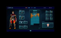 A video game interface showing a character customization or inventory screen, featuring a soccer player figure on the left and a grid-based menu with various item icons.