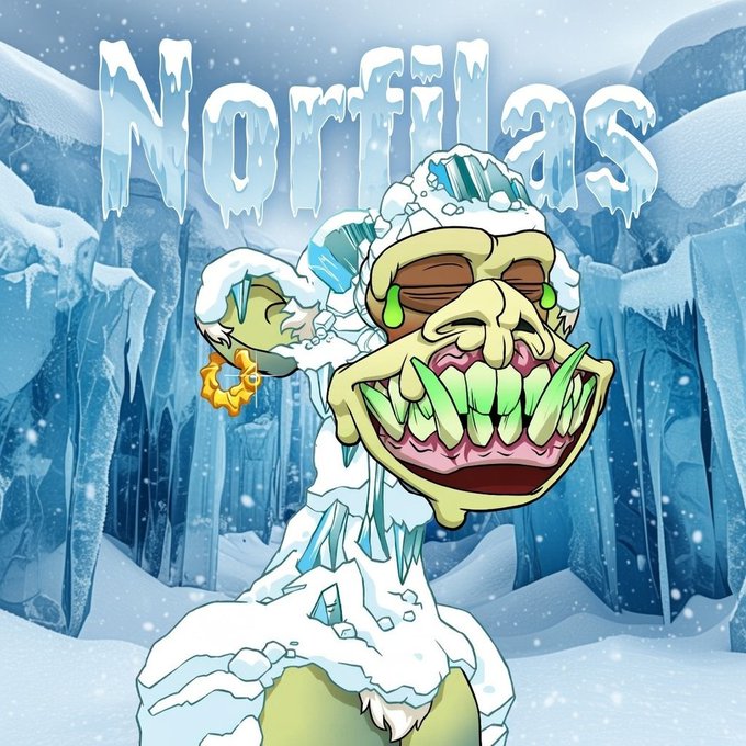 An NFT illustration of an icy, monstrous cartoon creature with sharp teeth and icicles, set against a snowy mountainous backdrop with the text "NONFLIES" at the top.