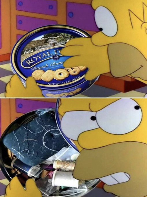 Simpsons meme where Bart opens a Royal Dansk Danish Butter Cookies tin expecting cookies but finds junk instead.