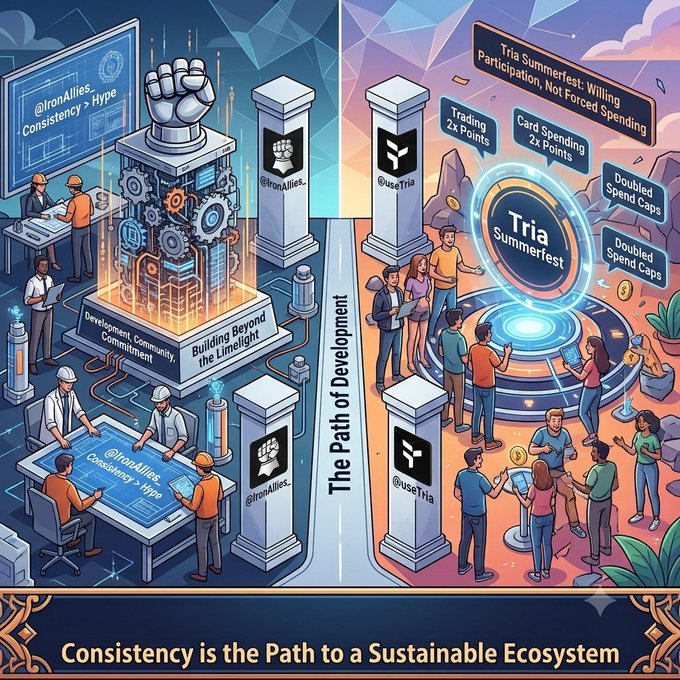 An illustrated infographic titled 'The Path of Development' contrasts IronAllies (industrial, technical) with UseTria (community-focused) leading to 'Tria Summerfest: Willing Participation, Not Forced Spending,' captioned 'Consistency is the Path to a Sustainable Ecosystem'.