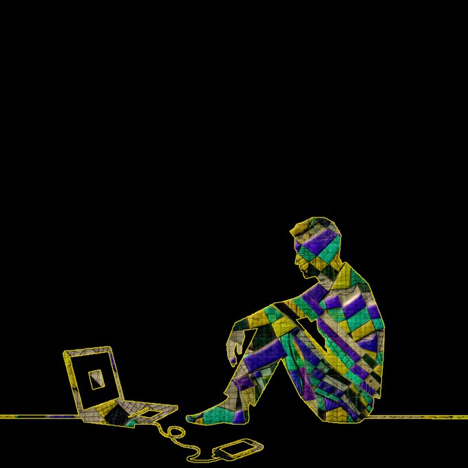 A stylized, colorful mosaic-like digital illustration shows a person in sunglasses sitting on a yellow line in the dark, with a laptop displaying a question mark and a phone nearby.