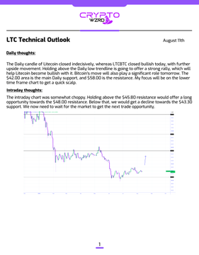 A Crypto Nerds LTC Technical Outlook report dated August 11th analyzing Litecoin's closed daily candle, noting a bullish trend above the $45.00 main support, with the intraday chart suggesting a potential drop toward $38.00.