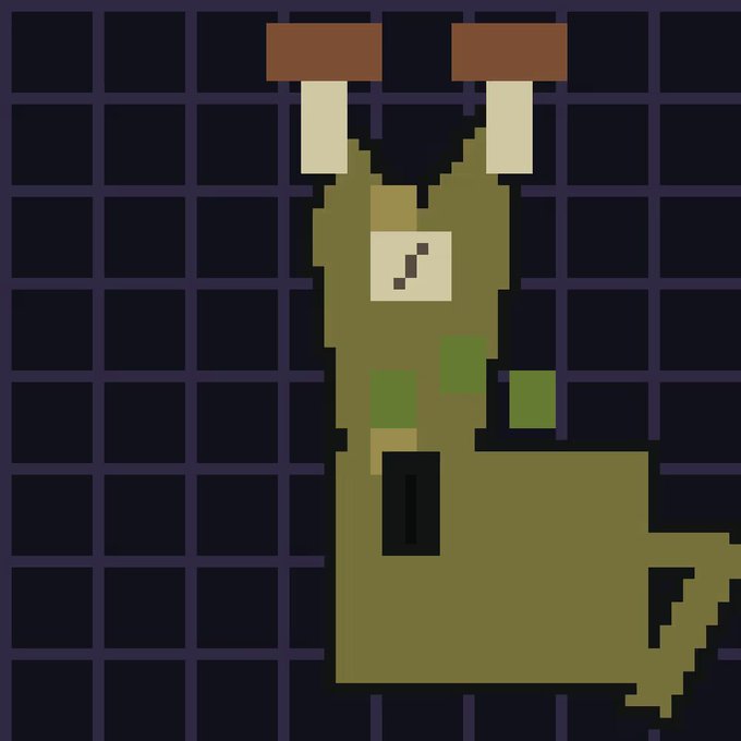 Pixel art depicting a hanging green figure with two wooden beams attached to its top, set against a dark purple grid background.