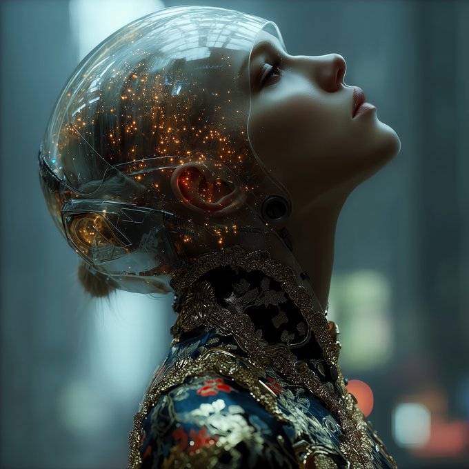 A futuristic portrait shows a woman with a transparent glass-like dome over her head, revealing glowing orange particles and mechanical details inside, with her eyes closed and head tilted upward.