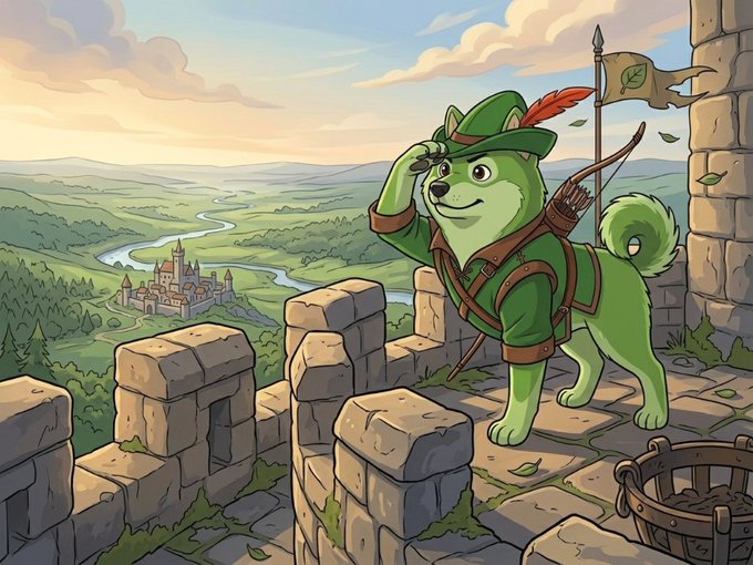 An illustration of a green dog dressed as Robin Hood, complete with a feathered cap and bow, standing on a stone castle wall and looking out over a lush green valley with a distant castle.