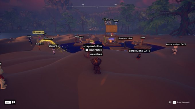 A screenshot from a video game shows a nighttime desert scene on an island labeled "Bryce Knighda," where several players (e.g., "spamemt otter", "Quantum_Gun") are gathered around a campfire and a lit wooden structure.