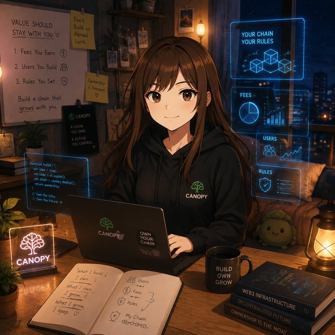 An anime-style girl in a "CANOPY" hoodie works on a laptop in a cozy workspace surrounded by holographic displays showing "YOUR CHAIN YOUR RULES," "FEES," "USERS," and "RULES," with a notebook listing "What I build, I own. What I own, I grow. What I grow, I keep." The image illustrates the post's theme that while Web3 projects can easily replicate features and mechanisms, lasting value should stay with the builders—embodied by Canopy's philosophy of owning your chain, fees, users, and rules.