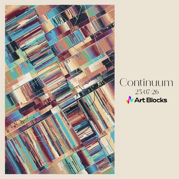 An abstract digital artwork featuring overlapping colorful brushstrokes in blues, reds, and earth tones, with text reading 'Continuum 23 07 26 Art Blocks' on the right side.