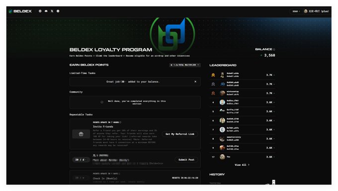 A screenshot of the 'BELDEX LOYALTY PROGRAM' dashboard showing a balance of 3,568, a leaderboard, and a daily check-in feature.