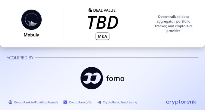 The graphic, sourced from CryptoRank.io, shows a M&A acquisition of Mobula—a decentralized data aggregator, portfolio tracker, and crypto API provider—by fomo, though the financial deal value is marked as TBD (to be determined).