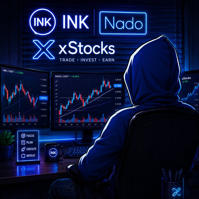 A neon-lit digital illustration of a hooded figure at a trading desk with multiple screens displaying charts, branded with 'INK | Nado' and 'xStocks — Trade • Invest • Earn' and motivational text 'FOCUS, PLAN, EXECUTE, REPEAT'.