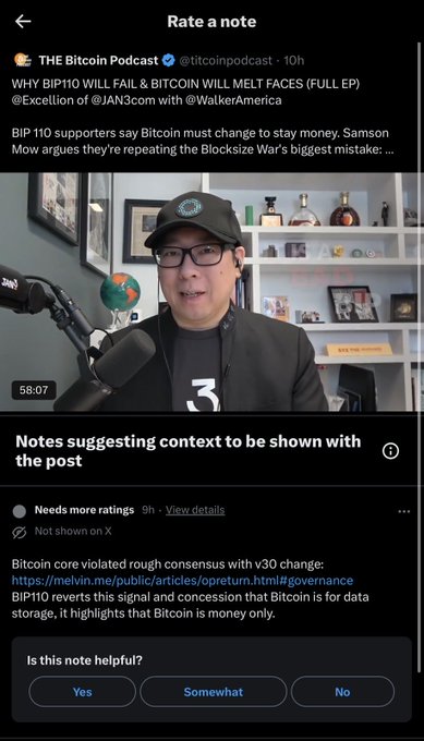 A screenshot from a podcast app showing 'Rate a note' for an episode of THE Bitcoin Podcast about 'WHY BIP110 WILL FAIL & BITCOIN WILL MELT FACES,' featuring a man in a black cap and glasses.