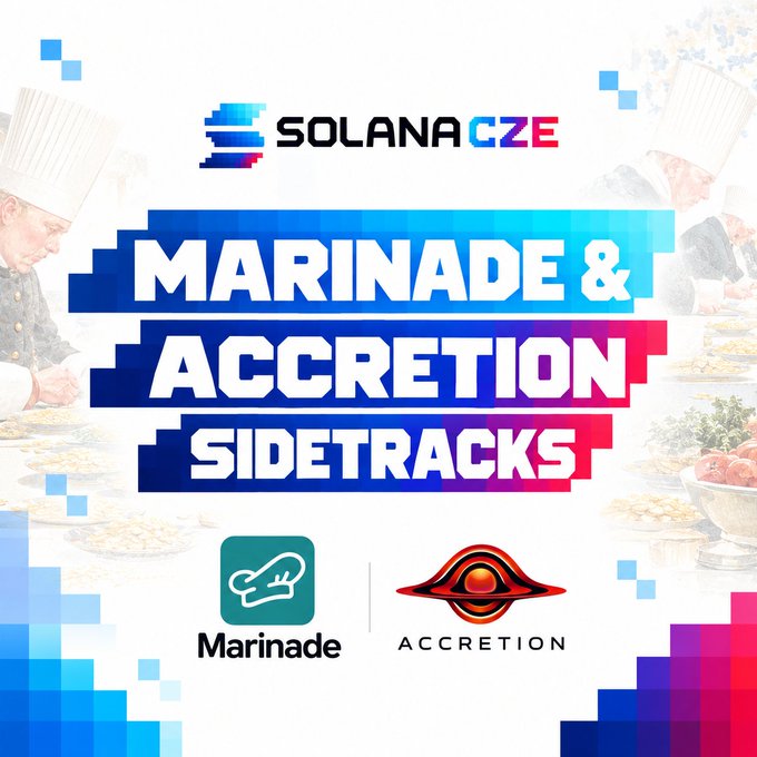 A promotional graphic for 'SOLANA CZE' podcast episode about 'Marinade & Accretion Sidetracks', featuring logos for Marinade and Accretion over a background of chefs cooking.