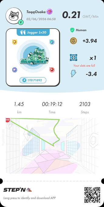 The image displays a step tracking app with an exercise log displayed for a user named Teagogo. The log shows that the user has completed 1,5 steps in 2 minutes at an average pace of 0.21 km/h (1.55 mph).