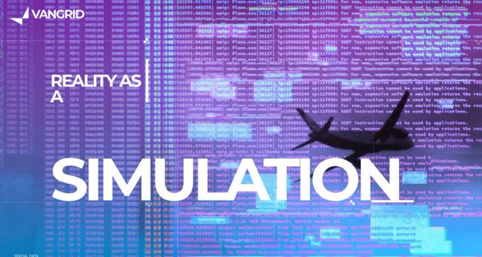 A digital graphic for "VANGRID" displays the large white word "SIMULATION" over a purple background filled with scrolling lines of computer code, with the text "REALITY AS A" on the left.