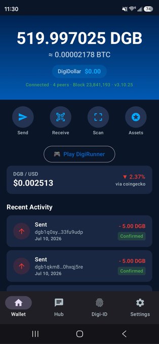 A Digibyte wallet app displays a balance of 519.997025 DGB (≈0.00002178 BTC / $0.00) with 4 connected peers on Block 23,841,193, showing two recent confirmed "Sent" transactions of -5.00 DGB dated Jul 10, 2026. The post promoting beta testers for the Digiscope bug bounty program aligns with the image showcasing the wallet's connectivity status and transaction activity.