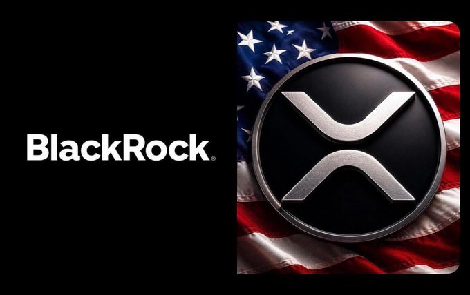 The image displays the BlackRock logo alongside the XRP symbol set against an American flag backdrop, visually representing the rumored BlackRock spot XRP ETF filing that the post suggests could happen as early as Monday, a potential milestone for XRP's institutional adoption.