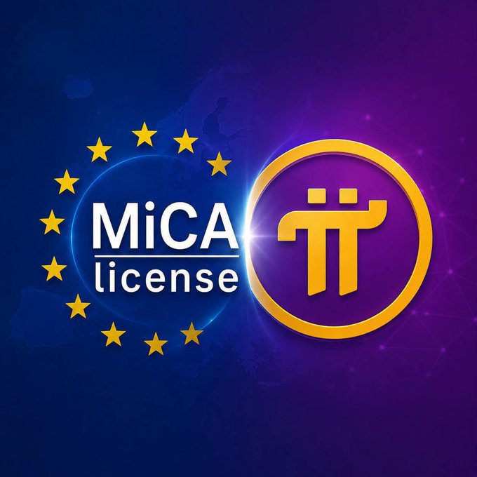 A digital graphic on a purple and blue background displaying 'MiCA license' alongside a golden Pi cryptocurrency logo and a circle of yellow stars.