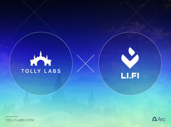 A promotional graphic features the logos for TOLLY LABS and LI.FI separated by an 'x' on a blue and purple gradient background, with 'TOLLYLABS.COM' and an 'Arc' logo at the bottom.