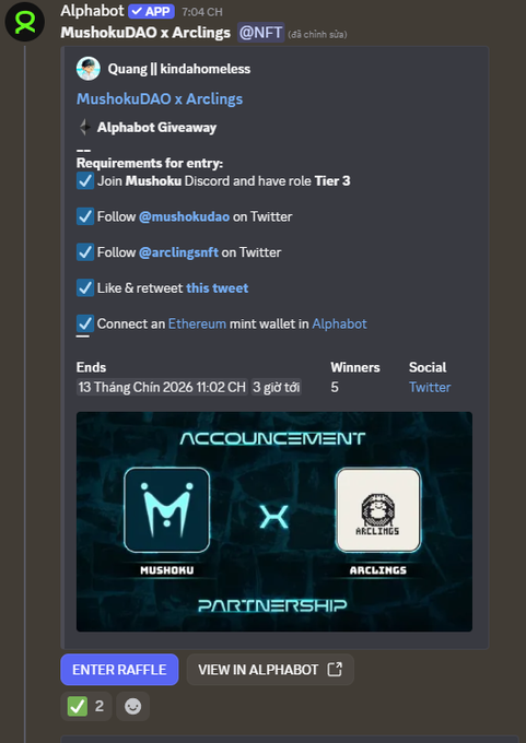 Screenshot of an Alphabot Twitter giveaway post for 'MushokuDAO x Arclings' NFT, listing entry requirements including joining Discord, following Twitter accounts, and connecting a wallet, ending 13 January 2026 with 5 winners.